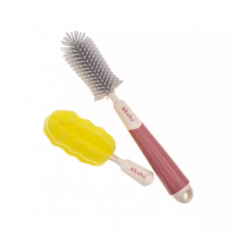 Akuku buteliukų, puodelių ir žindukų silikoninis šepetys su kempine, beige/pink, A0512